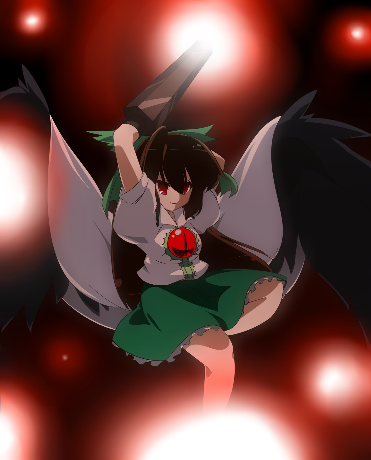 oka (bananashoe), reiuji utsuho, touhou, highres, 1girl, black hair, female focus, gradient background, hair ribbon, red eyes, ribbon, skirt, solo