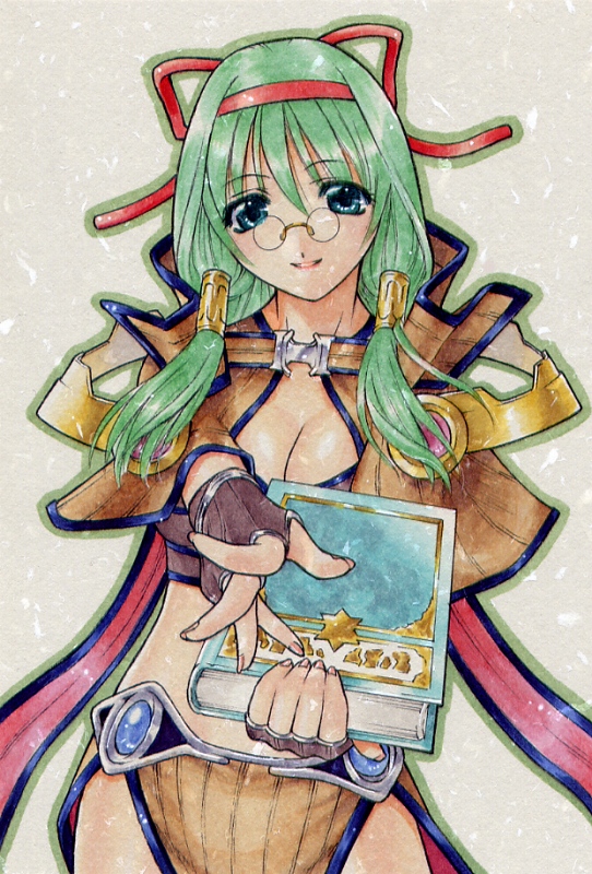 karasuma nishiki, sage (ragnarok online), ragnarok online, commentary request, 1girl, blue eyes, book, breasts, brown capelet, brown gloves, brown skirt, capelet, cleavage, cowboy shot, fingerless gloves, glasses, gloves, green hair, grey background, hair ribbon, hair tubes, hairband, holding, holding book, large breasts, long hair, looking at viewer, open mouth, pince-nez, red hairband, red ribbon, ribbon, round eyewear, simple background, skirt, solo