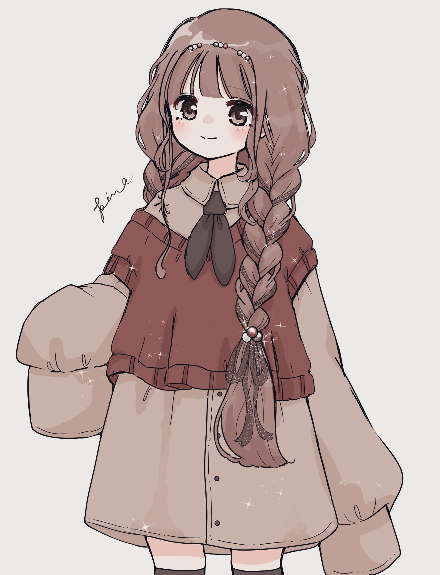 pinartroom, original, commentary request, highres, 1girl, black neckerchief, black thighhighs, blush, braid, brown dress, brown eyes, brown hair, brown sweater vest, closed mouth, collared dress, cowboy shot, dress, grey background, long hair, long sleeves, neckerchief, simple background, sleeves past fingers, sleeves past wrists, smile, solo, sparkle, sweater vest, thighhighs, twin braids, very long hair