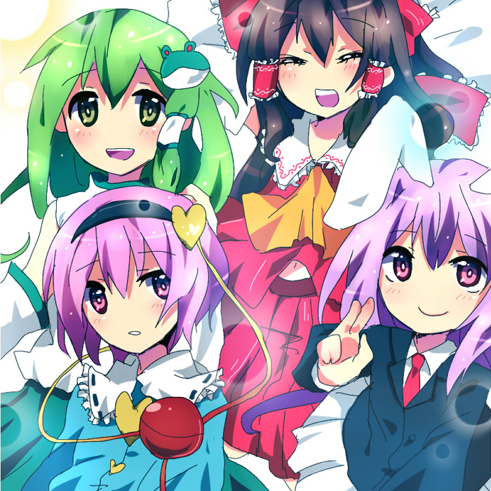 uiko, hakurei reimu, kochiya sanae, komeiji satori, reisen udongein inaba, touhou, bad id, bad pixiv id, 4girls, :d, ^ ^, animal ears, ascot, brown hair, closed eyes, detached sleeves, female focus, green eyes, green hair, long sleeves, looking at viewer, multiple girls, open mouth, pink eyes, pink hair, purple eyes, rabbit ears, simple background, smile, string, third eye, white background