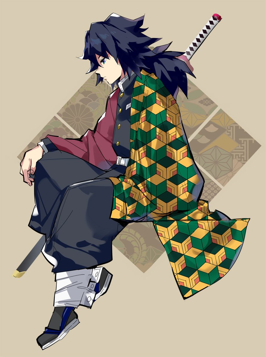 jinno (megacake), tomioka giyuu, kimetsu no yaiba, 1boy, belt, black hair, black jacket, black pants, blue eyes, buttons, closed mouth, demon slayer uniform, full body, gold buttons, haori, high collar, jacket, japanese clothes, katana, kikkoumon, low ponytail, male focus, pants, ponytail, print haori, profile, red haori, sitting, solo, spiked hair, sword, weapon, white belt