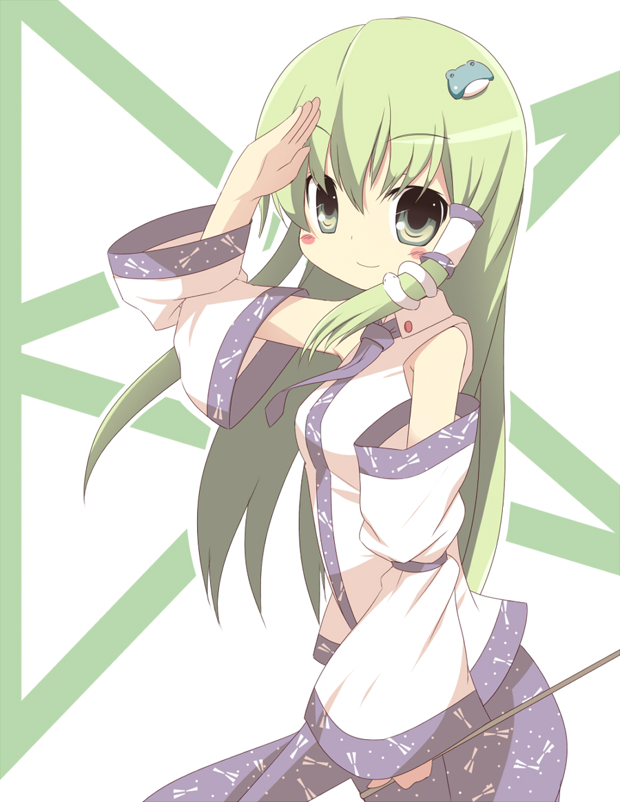 miko machi, kochiya sanae, touhou, 1girl, blush, detached sleeves, female focus, gohei, green eyes, green hair, matching hair/eyes, oonusa, salute, solo