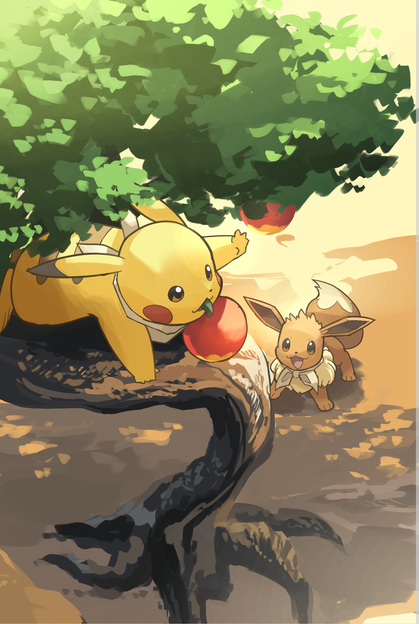 yamaori (hakkentai pokedan), eevee, pikachu, nintendo, pokemon, highres, berry (pokemon), brown eyes, brown fur, dirt, gen 1 pokemon, leppa berry, no humans, open mouth, outdoors, pokemon (creature), tree, yellow fur