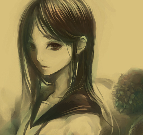 mikeneko ringo, uroko, uroko (mnr), bad id, bad pixiv id, lowres, 1girl, female focus, flower, hydrangea, long hair, monochrome, school uniform, solo, yellow theme