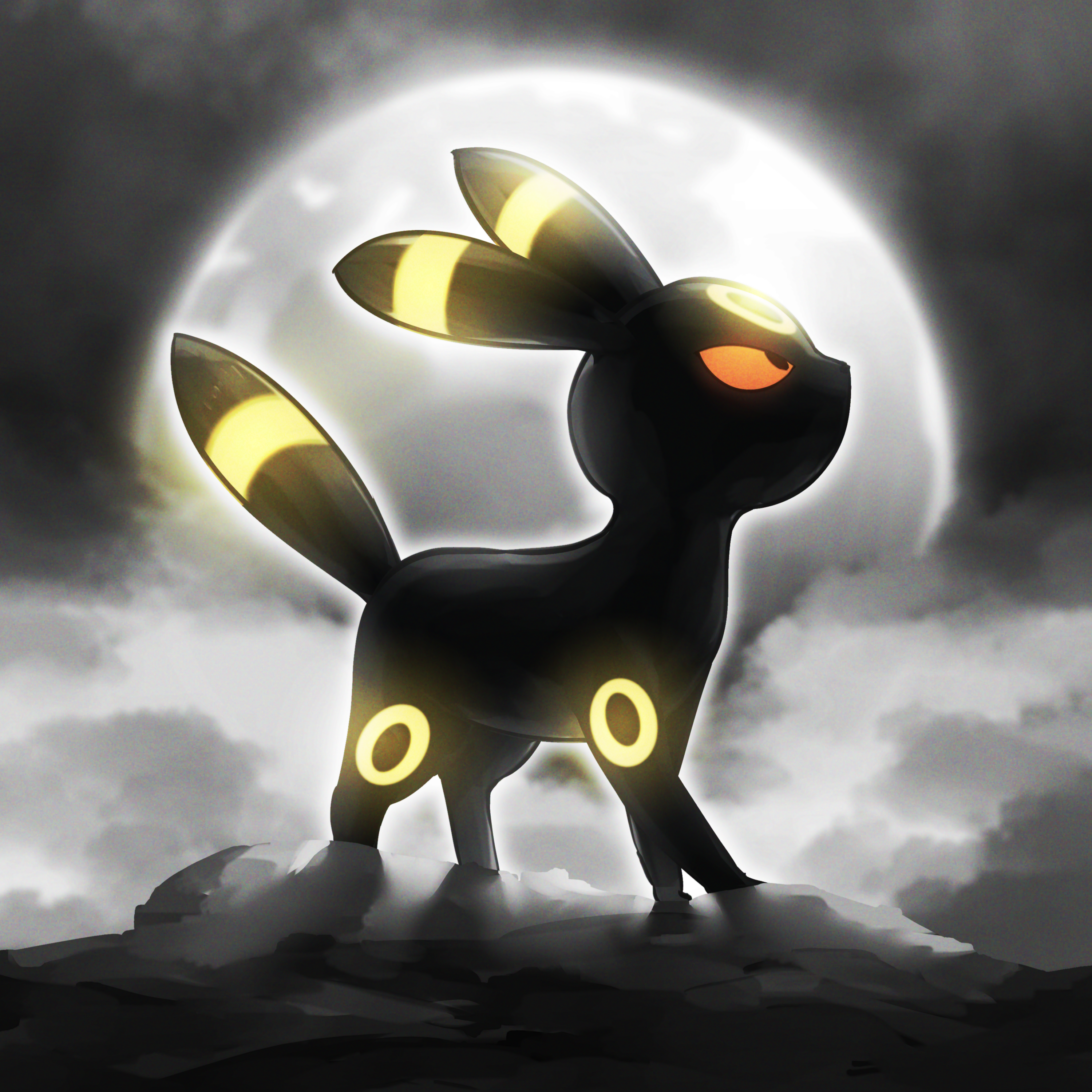spicyichizo, umbreon, nintendo, pokemon, absurdres, highres, black fur, fog, from side, full body, full moon, gen 2 pokemon, glowing, moon, night, no humans, outdoors, pokemon (creature), red eyes, solo, tail, two-tone fur, yellow fur
