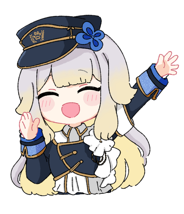 nozo (hitomiz), shioriha ruri, nijisanji, commentary, 1girl, :d, ^ ^, animal ears, arm up, black hat, blush stickers, brown hair, chibi, closed eyes, collared shirt, cropped torso, dog ears, facing viewer, gradient hair, grey hair, hat, long hair, long sleeves, multicolored hair, open mouth, peaked cap, shirt, simple background, smile, solo, two-tone hair, upper body, very long hair, virtual youtuber, white background, white shirt