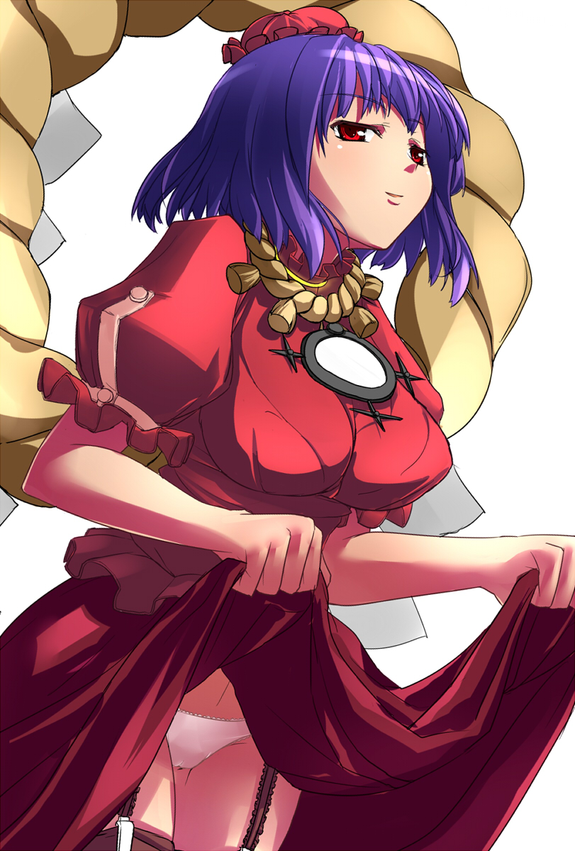 namamo (kura), yasaka kanako, touhou, highres, 1girl, breasts, cameltoe, cleavage, clothes lift, female focus, garter belt, hair ornament, large breasts, leaf, leaf hair ornament, panties, purple hair, red eyes, skirt, skirt lift, solo, underwear, upskirt, white panties