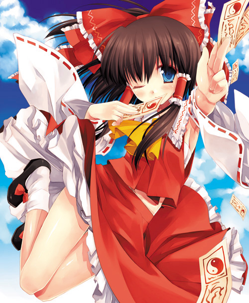 miyasu risa, hakurei reimu, touhou, 1girl, armpits, black hair, blue eyes, bow, detached sleeves, female focus, foreshortening, hair bow, holding, japanese clothes, jumping, long hair, midair, midriff, miko, mouth hold, ofuda, one eye closed, ribbon, solo