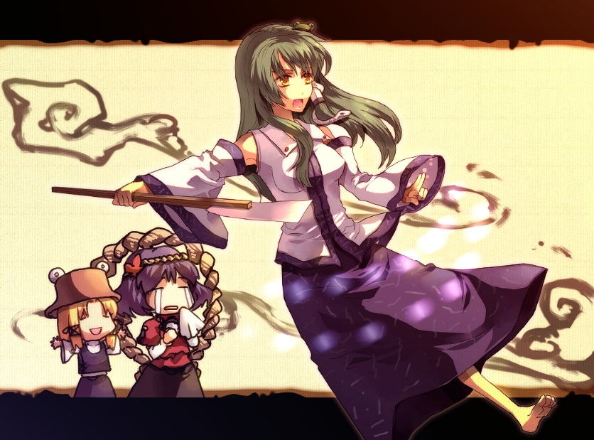 sunakumo, kochiya sanae, moriya suwako, yasaka kanako, touhou, 3girls, barefoot, blonde hair, breasts, chibi, detached sleeves, female focus, gohei, green hair, hat, multiple girls, purple hair, skirt, tears