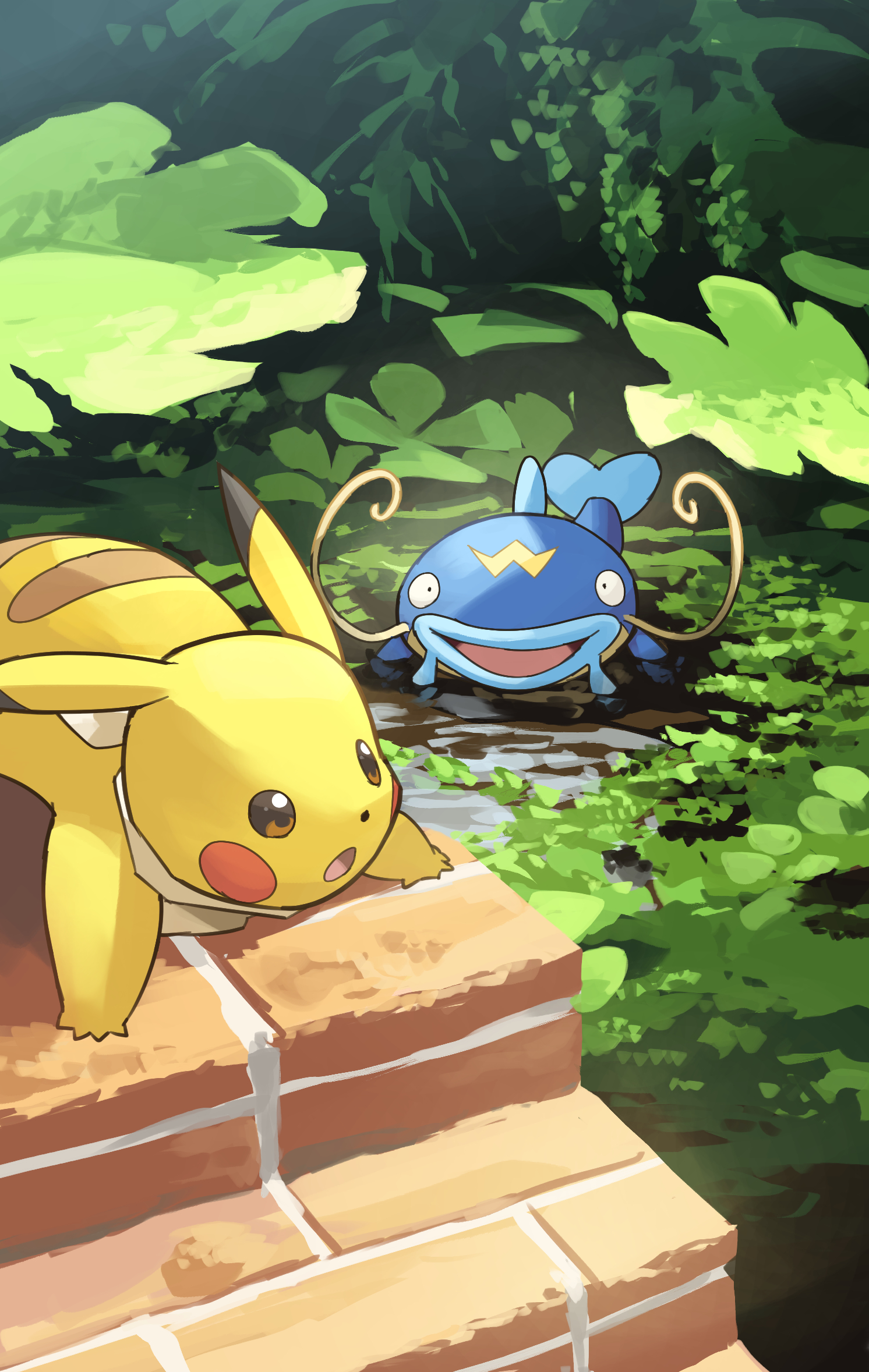 yamaori (hakkentai pokedan), pikachu, whiscash, nintendo, pokemon, highres, blue skin, brick, brown eyes, colored skin, day, gen 1 pokemon, gen 3 pokemon, leaf, no humans, open mouth, outdoors, plant, pokemon (creature), stairs, yellow fur
