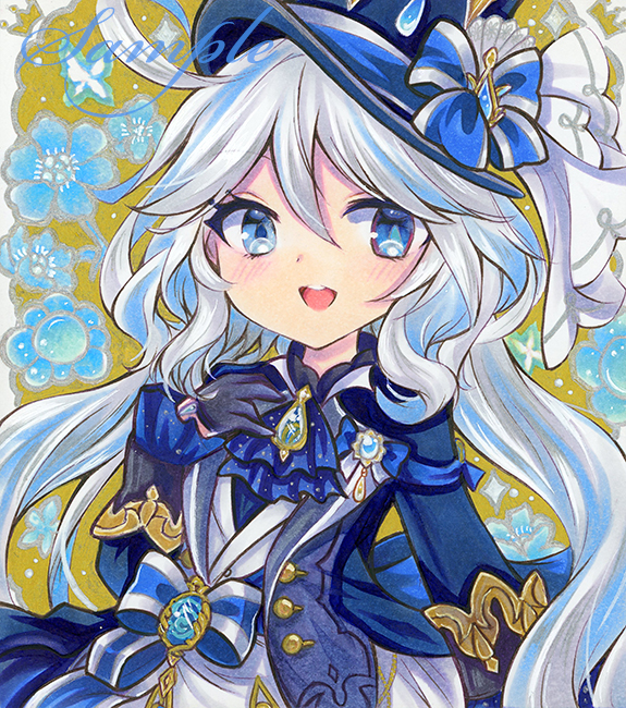 rui (sugar3), furina (genshin impact), genshin impact, marker (medium), traditional media, 1girl, :d, ascot, blue ascot, blue bow, blue eyes, blue flower, blue hat, blue jacket, bow, flower, gloves, hair between eyes, hand up, hat, jacket, long hair, long sleeves, looking at viewer, open mouth, sample watermark, smile, solo, upper body, watermark, white hair