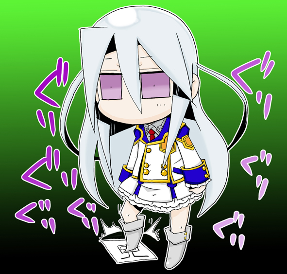 felli loss, koukaku no regios, 1girl, ^^^, empty eyes, epaulettes, female focus, green background, hair between eyes, long hair, long sleeves, looking at viewer, military, military uniform, purple eyes, simple background, solo, standing, thighhighs, very long hair, zettai ryouiki
