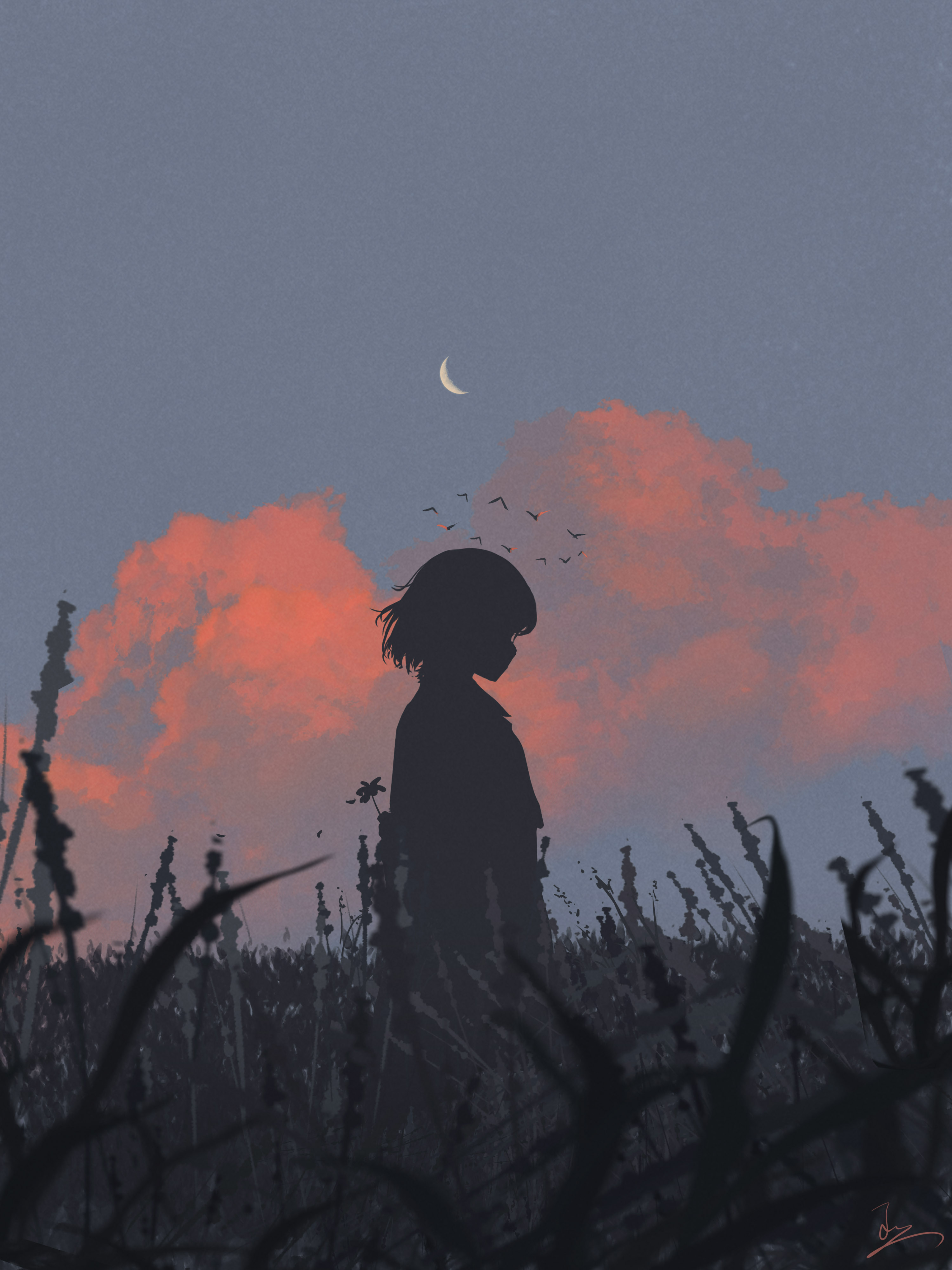 huashijw, original, absurdres, chinese commentary, commentary request, highres, 1girl, blurry, blurry foreground, crescent moon, depth of field, dusk, field, film grain, flock, moon, orange clouds, outdoors, short hair, signature, silhouette, simple bird, solo, standing