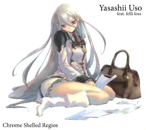 felli loss, koukaku no regios, uniform, lowres, 1girl, bag, boots, female focus, frilled skirt, frills, high heel boots, high heels, kneeling, long hair, necktie, paper, skirt, solo, white hair