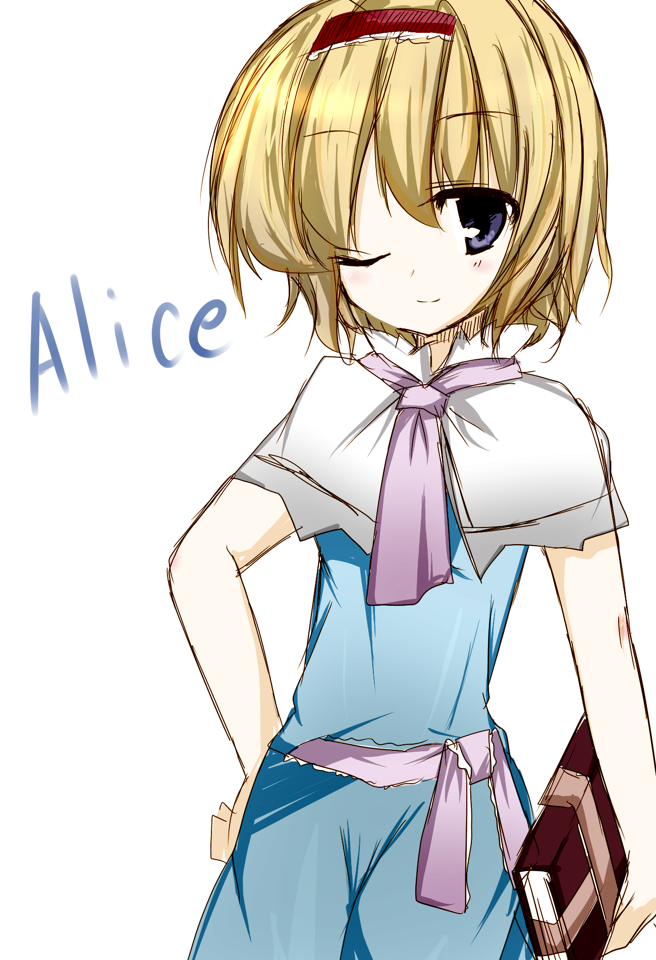 fujishiro emyu, alice margatroid, touhou, bad id, bad pixiv id, highres, 1girl, blonde hair, blue eyes, book, dress, english text, female focus, hairband, hand on own hip, hip focus, solo, white background, wink
