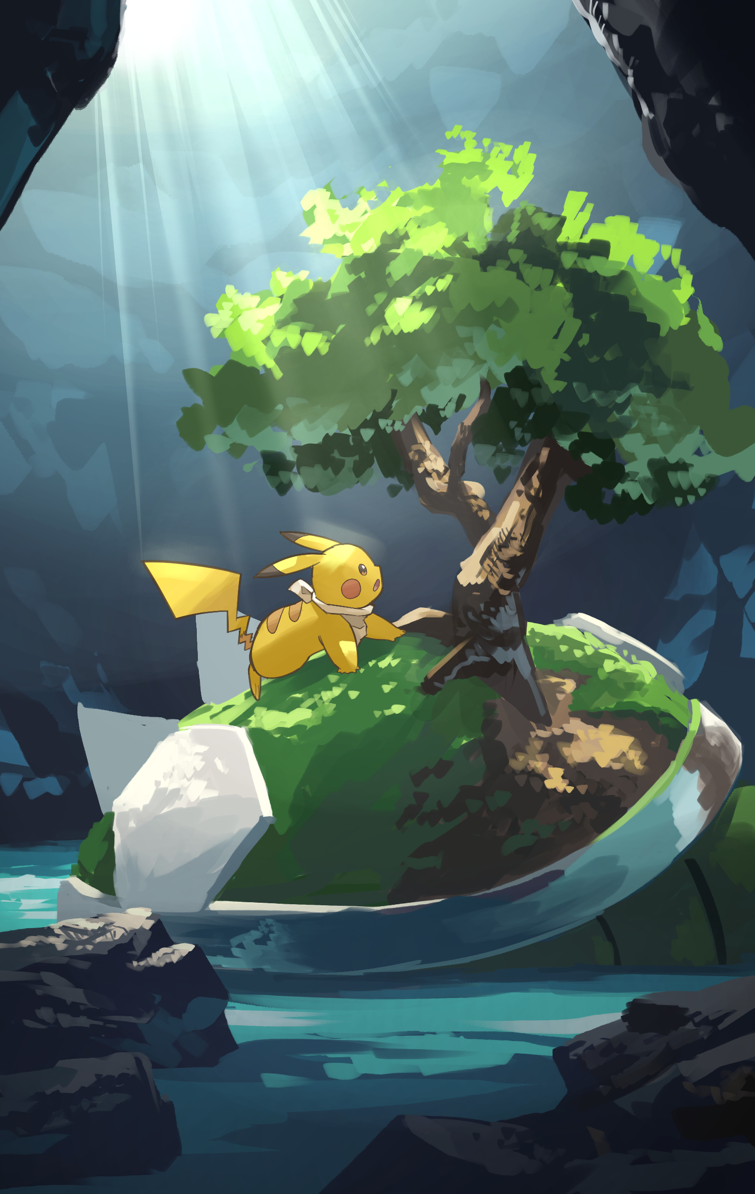 yamaori (hakkentai pokedan), pikachu, torterra, nintendo, pokemon, highres, cave interior, gen 1 pokemon, gen 4 pokemon, grass, no humans, pokemon (creature), rock, tree, water, yellow fur