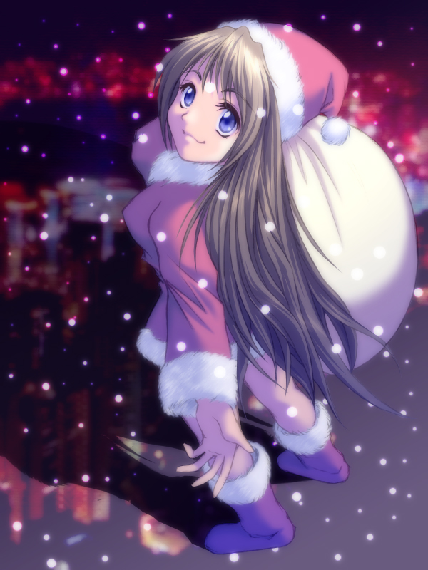 acid head, 1girl, bag, blonde hair, blue eyes, female focus, long hair, sack, santa costume, snow, solo