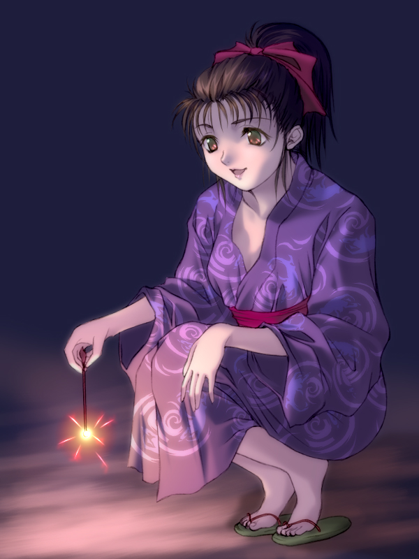 acid head, original, 1girl, brown eyes, brown hair, female focus, fireworks, flip-flops, japanese clothes, kimono, open mouth, ponytail, sandals, senkou hanabi, solo, sparkler, tiptoes, yukata