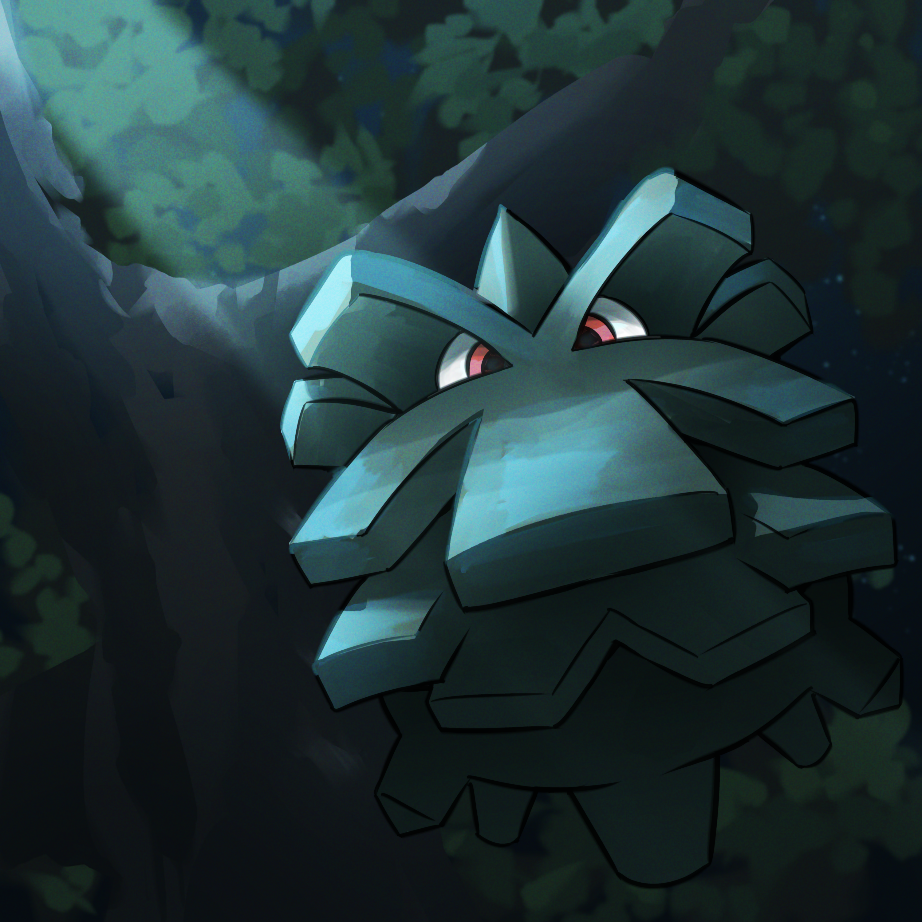 spicyichizo, pineco, nintendo, pokemon, absurdres, highres, gen 2 pokemon, looking at viewer, night, no humans, outdoors, pokemon (creature), red eyes, solo, tree