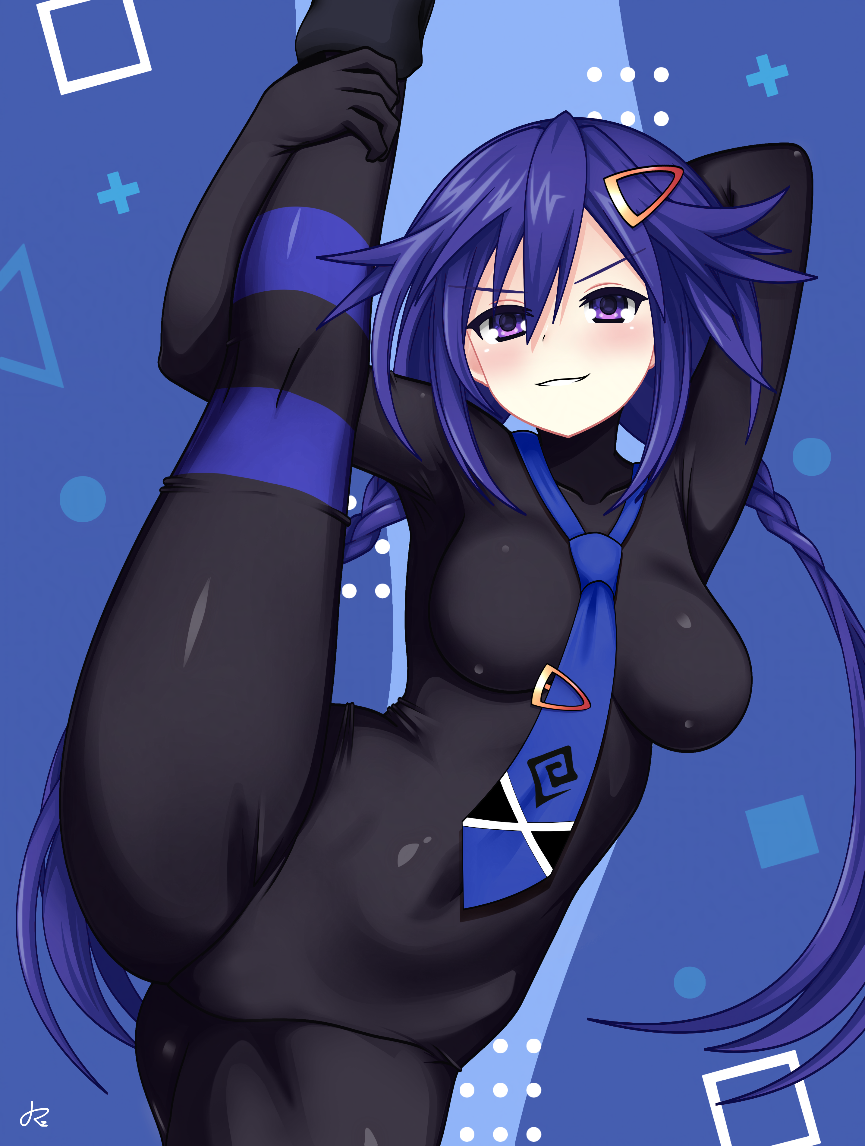 dhiparizky, ankokuboshi kurome, neptune (series), shin jigen game neptune vii, absurdres, highres, 1girl, arm behind head, between breasts, black bodysuit, blue eyes, blue hair, blue necktie, blush, bodysuit, braid, breasts, covered navel, flexible, grin, hair between eyes, hair ornament, hairclip, holding own leg, large breasts, leg up, legs, long hair, looking at viewer, necktie, necktie between breasts, purple eyes, seductive smile, smile, smug, solo, split, standing, standing on one leg, standing split, thighs, twin braids, twintails, very long hair