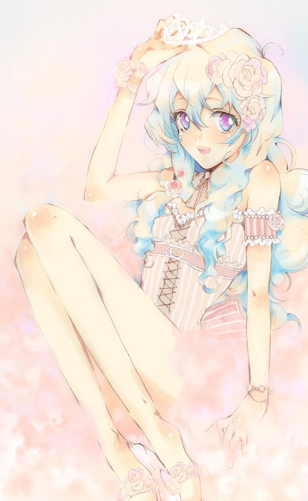 deirn, kiui, nia teppelin, tengen toppa gurren lagann, bad id, bad pixiv id, + +, 00s, corset, cross-shaped pupils, crown, flower, frills, long hair, multicolored hair, princess, ribbon, smile, solo, symbol-shaped pupils, tiara