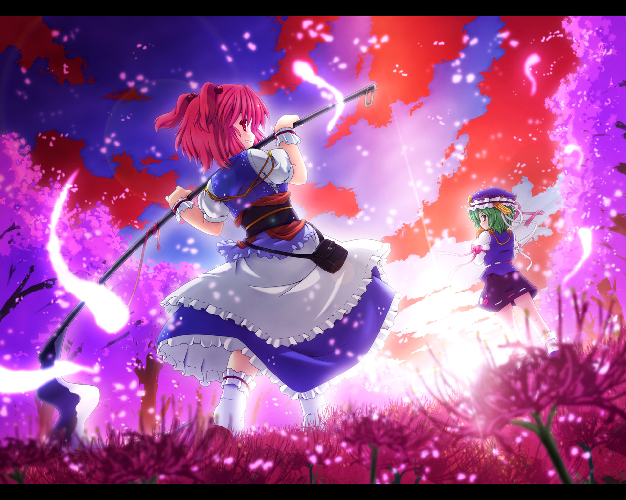etogami kazuya, onozuka komachi, shiki eiki, touhou, 2girls, female focus, flower, letterboxed, multiple girls, red flower, scythe, short hair, spider lily