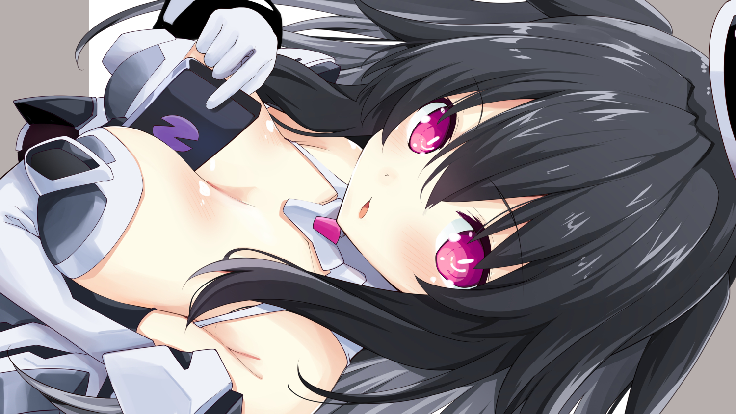 iwashi dorobou -r-, gray sister (neptunia), choujigen game neptune sisters vs sisters, neptune (series), 1girl, :o, arm support, arm under breasts, bare shoulders, black hair, blush, breast rest, breasts, cleavage, curious, elbow gloves, from above, gloves, hair between eyes, hand up, hands up, long hair, looking at viewer, looking back, looking up, medium breasts, multicolored hair, phone between breasts, pink eyes, power symbol, solo, two-tone hair, upper body, very long hair, white gloves, wide-eyed