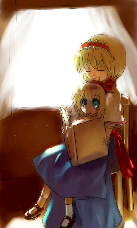 kotorippi, alice margatroid, alice margatroid (pc-98), mystic square, touhou, touhou (pc-98), 2girls, aged down, blonde hair, book, chair, dual persona, female focus, green eyes, hairband, multiple girls, ribbon, sitting, time paradox