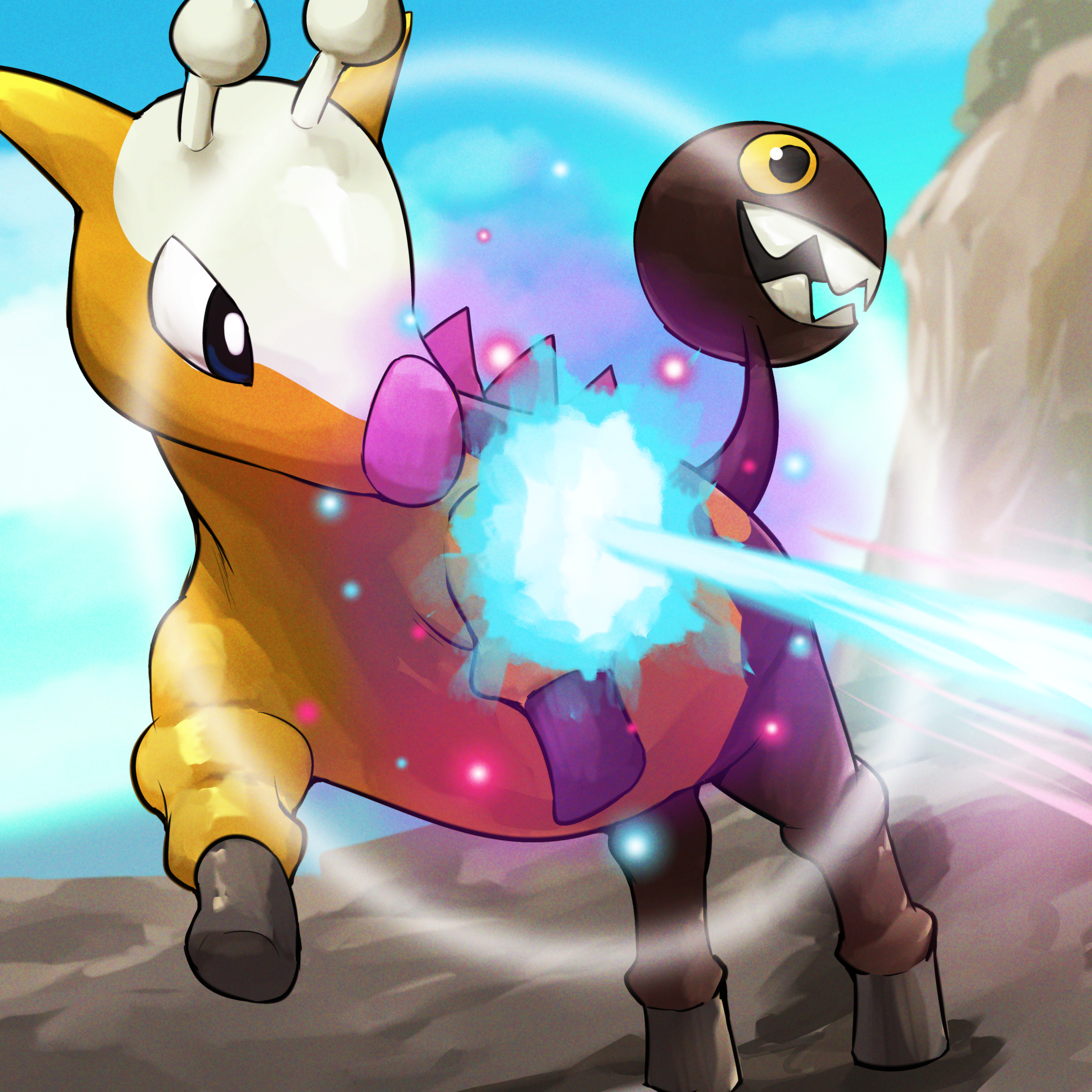 spicyichizo, girafarig, nintendo, pokemon, absurdres, highres, blue sky, brown fur, day, gen 2 pokemon, laser, no humans, open mouth, outdoors, pokemon (creature), sharp teeth, sky, solo, teeth, yellow fur