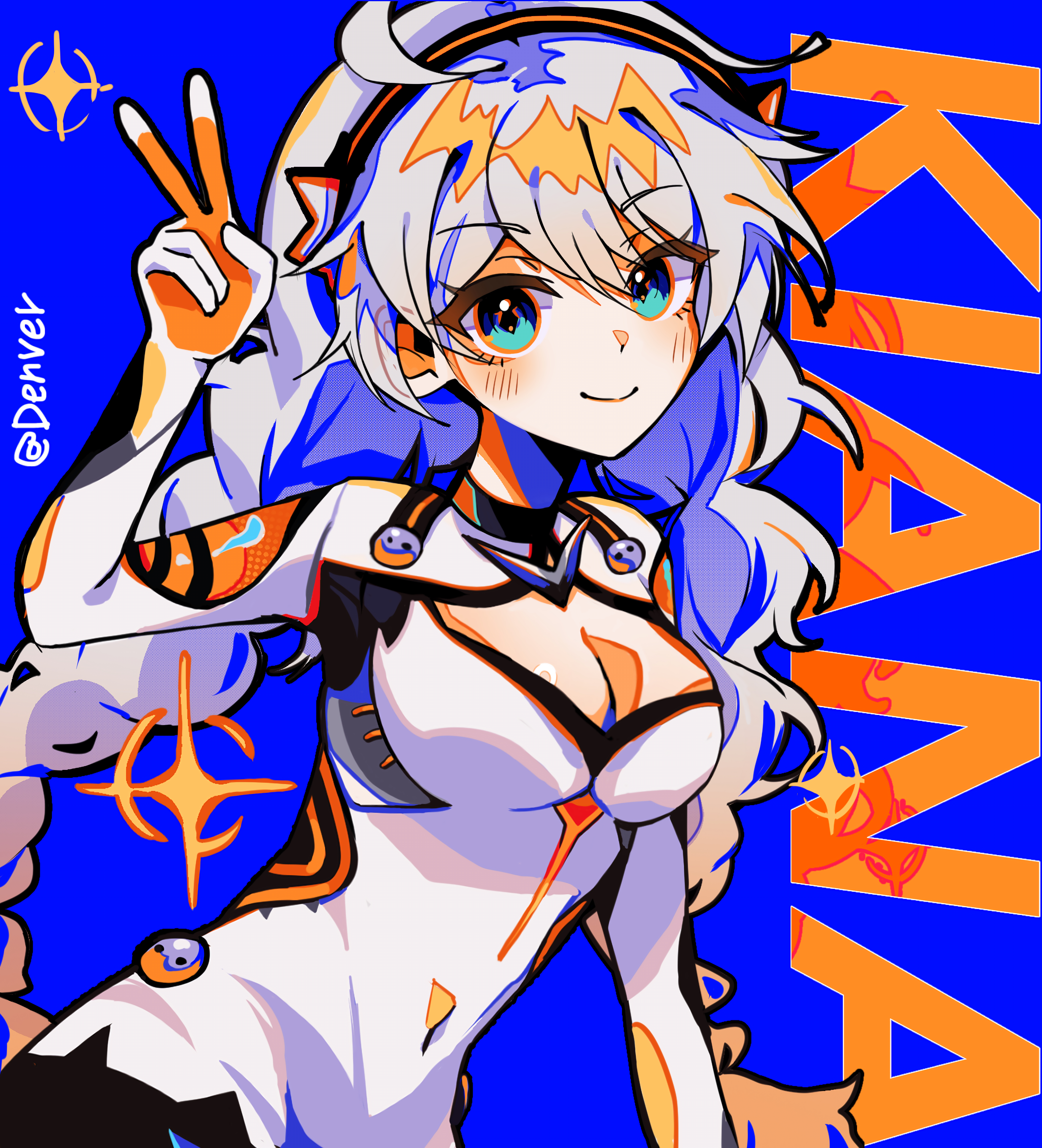 kiana kaslana, kiana kaslana (white comet), honkai (series), honkai impact 3rd, absurdres, commentary request, highres, 1girl, ahoge, artist name, battlesuit, blue background, blue eyes, bodysuit, braid, breasts, character name, cleavage, cleavage cutout, closed mouth, clothing cutout, hair between eyes, long hair, long sleeves, looking at viewer, medium breasts, smile, solo, star (symbol), twin braids, upper body, user hmff3223, v, very long hair, white bodysuit, white hair