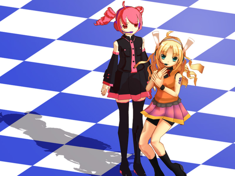 watabe nanami, amane luna, kasane teto, utau, vocaloid, checkered, 3d, ahoge, blonde hair, detached sleeves, drill hair, headphones, headset, luna amane, microphone, necktie, red hair, thighhighs, twintails