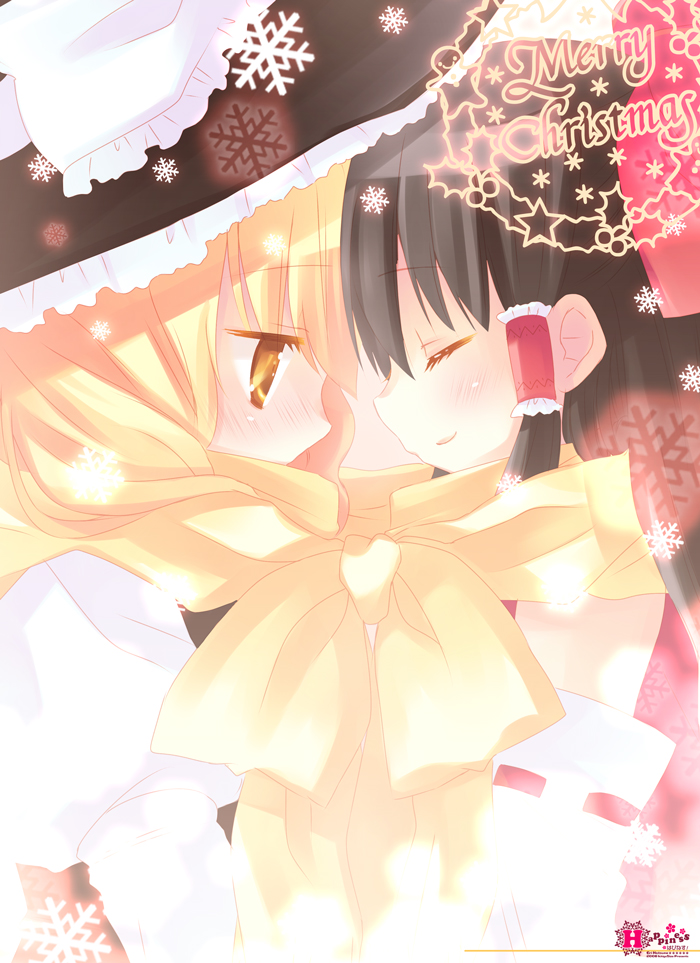 natsume eri, hakurei reimu, kirisame marisa, perfect cherry blossom, touhou, 2girls, blonde hair, brown hair, christmas, female focus, hat, multiple girls, ribbon, scarf, shared clothes, shared scarf, yellow eyes, yuri