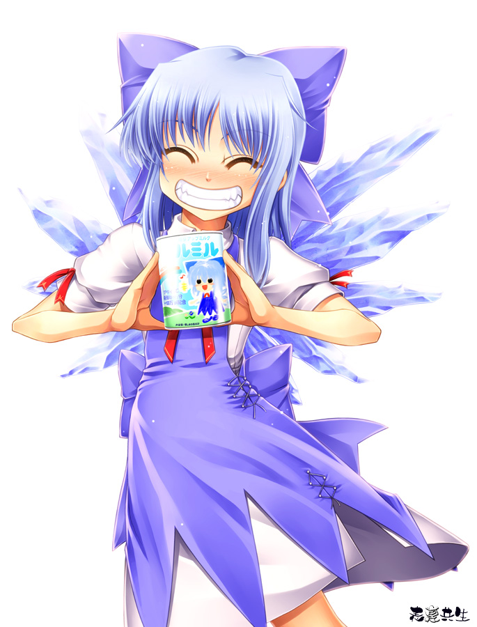 conagusuri, uraomote, cirno, touhou, 1girl, ^ ^, blue dress, blue hair, blush, bow, can, closed eyes, dress, female focus, grin, hair bow, holding, ice, ice wings, milk, puffy sleeves, ribbon, short sleeves, simple background, smile, solo, wings