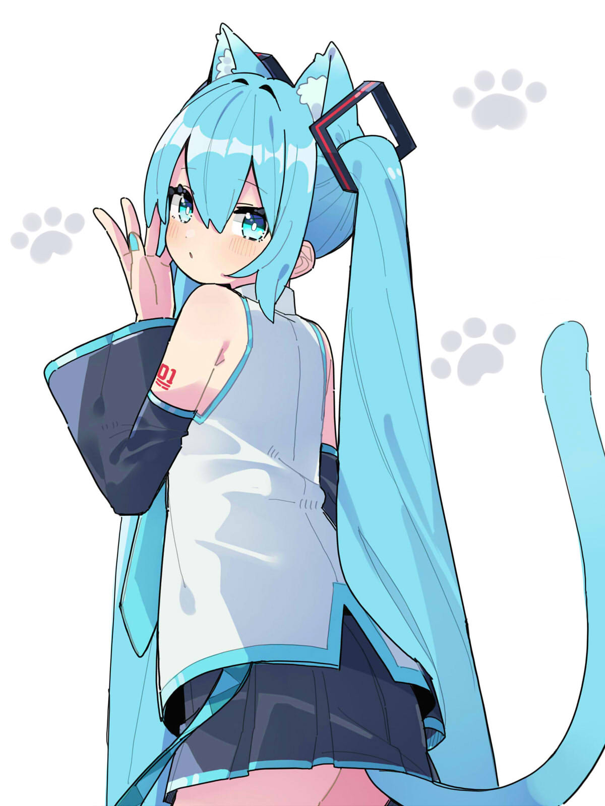 pa. (tatuya28001), hatsune miku, vocaloid, 1girl, animal ears, aqua eyes, aqua hair, bare legs, black skirt, cat ears, cat tail, long hair, miniskirt, shirt, simple background, skirt, sleeveless, sleeveless shirt, solo, tail, tattoo, twintails, very long hair, white background, white shirt