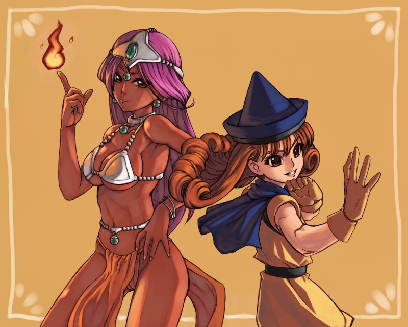 nomunomu, yamu (yamu), alena (dq4), manya (dq4), chunsoft, dragon quest, dragon quest iv, enix, bad id, bad pixiv id, 2girls, bikini, breasts, cape, circlet, dark-skinned female, dark skin, gloves, hat, multiple girls, orange background, pelvic curtain, purple hair, skirt, swimsuit, yellow skirt