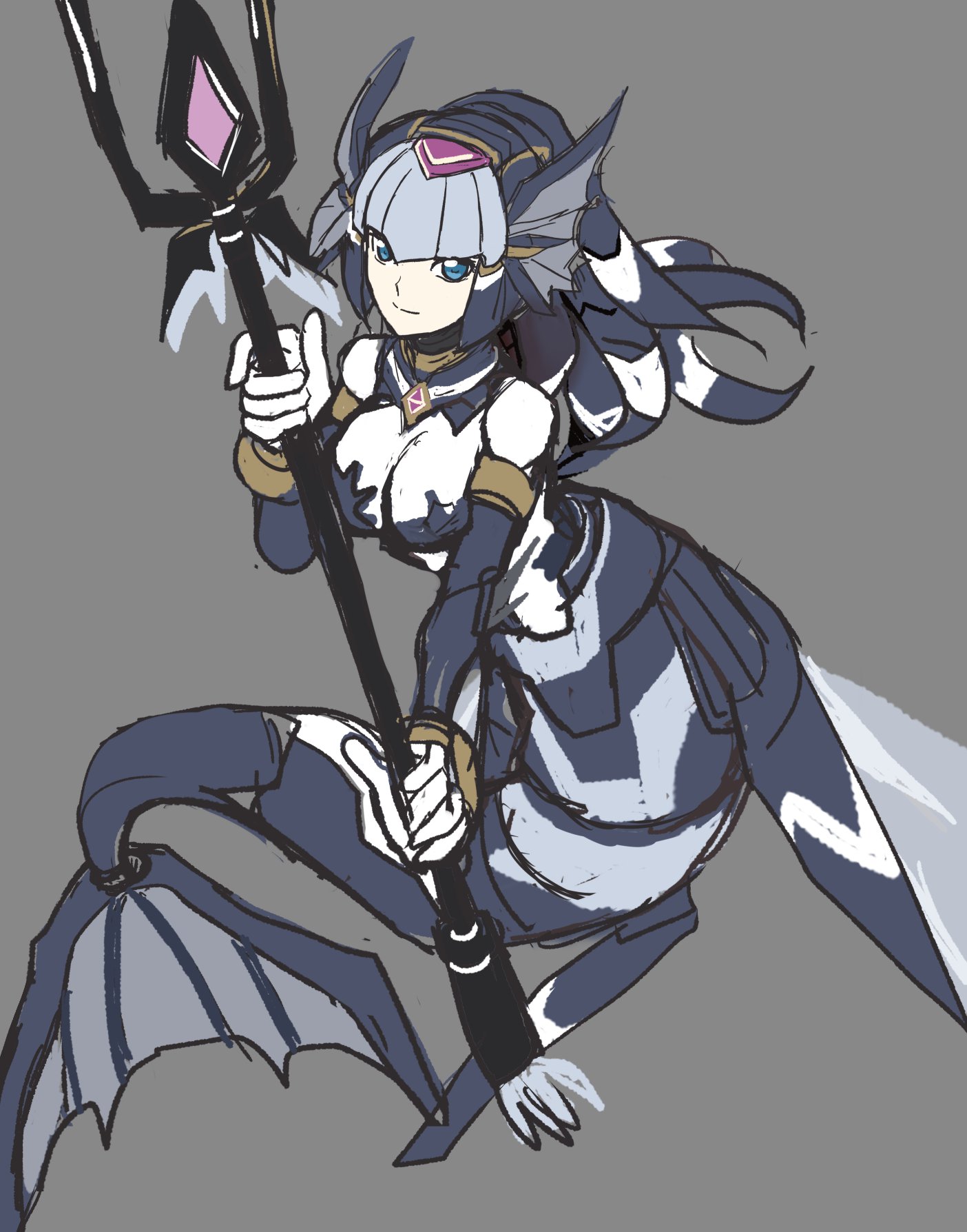 raica (khongbautroi), fairy leviathan (mega man), highres, 1girl, blue eyes, breasts, cleavage, fins, grey background, head fins, holding, holding polearm, holding weapon, long hair, looking at viewer, mecha musume, medium breasts, mermaid, monster girl, monsterification, polearm, simple background, sketch, solo, trident, weapon