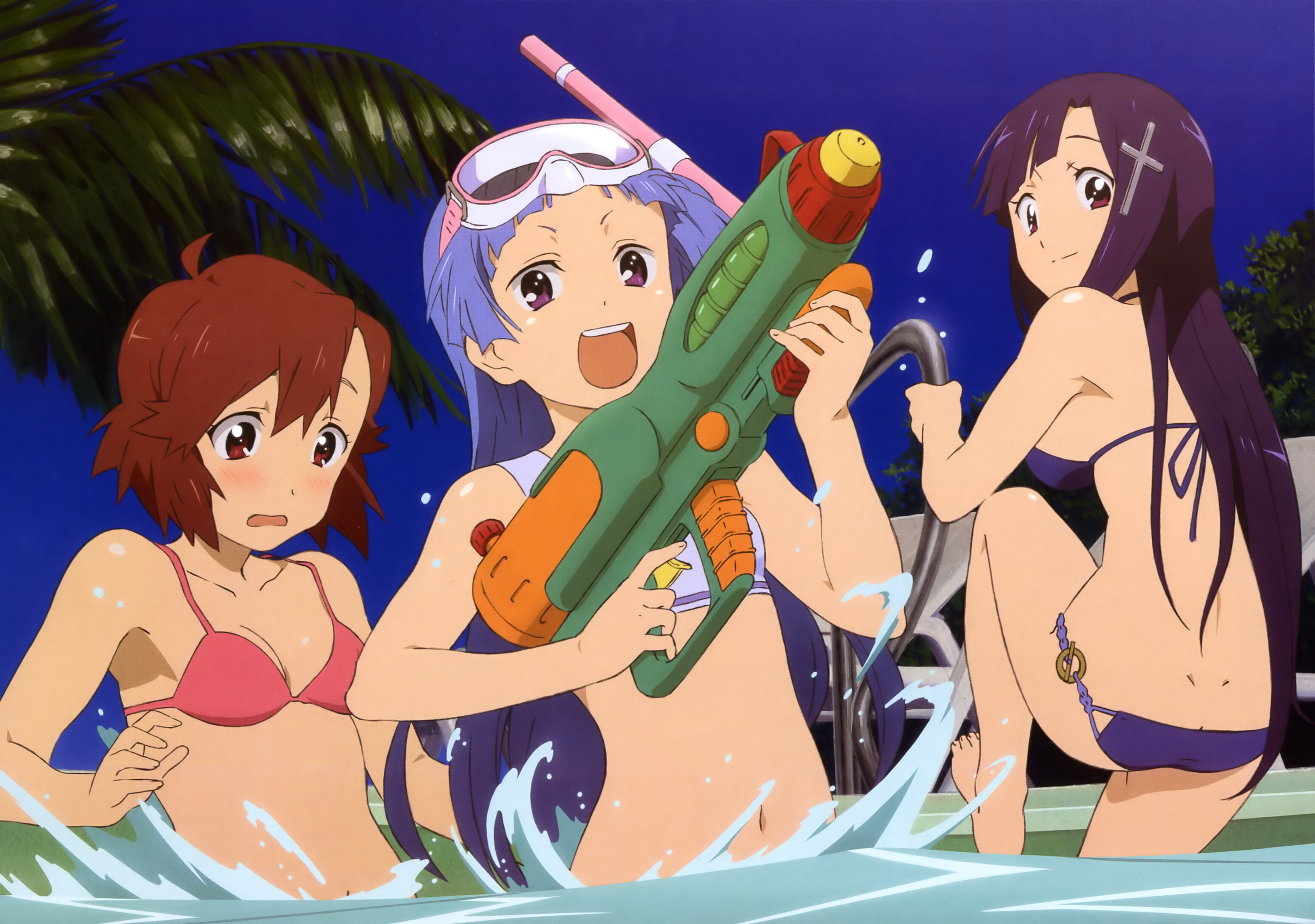 aoba tsugumi, nagi, zange, kannagi, absurdres, highres, non-web source, official art, 00s, 3girls, ahoge, barefoot, bikini, blue eyes, blush, butt crack, cross, diving mask, goggles, ladder, long hair, multiple girls, pool, pool ladder, purple eyes, purple hair, red eyes, red hair, short hair, siblings, sisters, smile, snorkel, splashing, swimsuit, very long hair, water, water gun