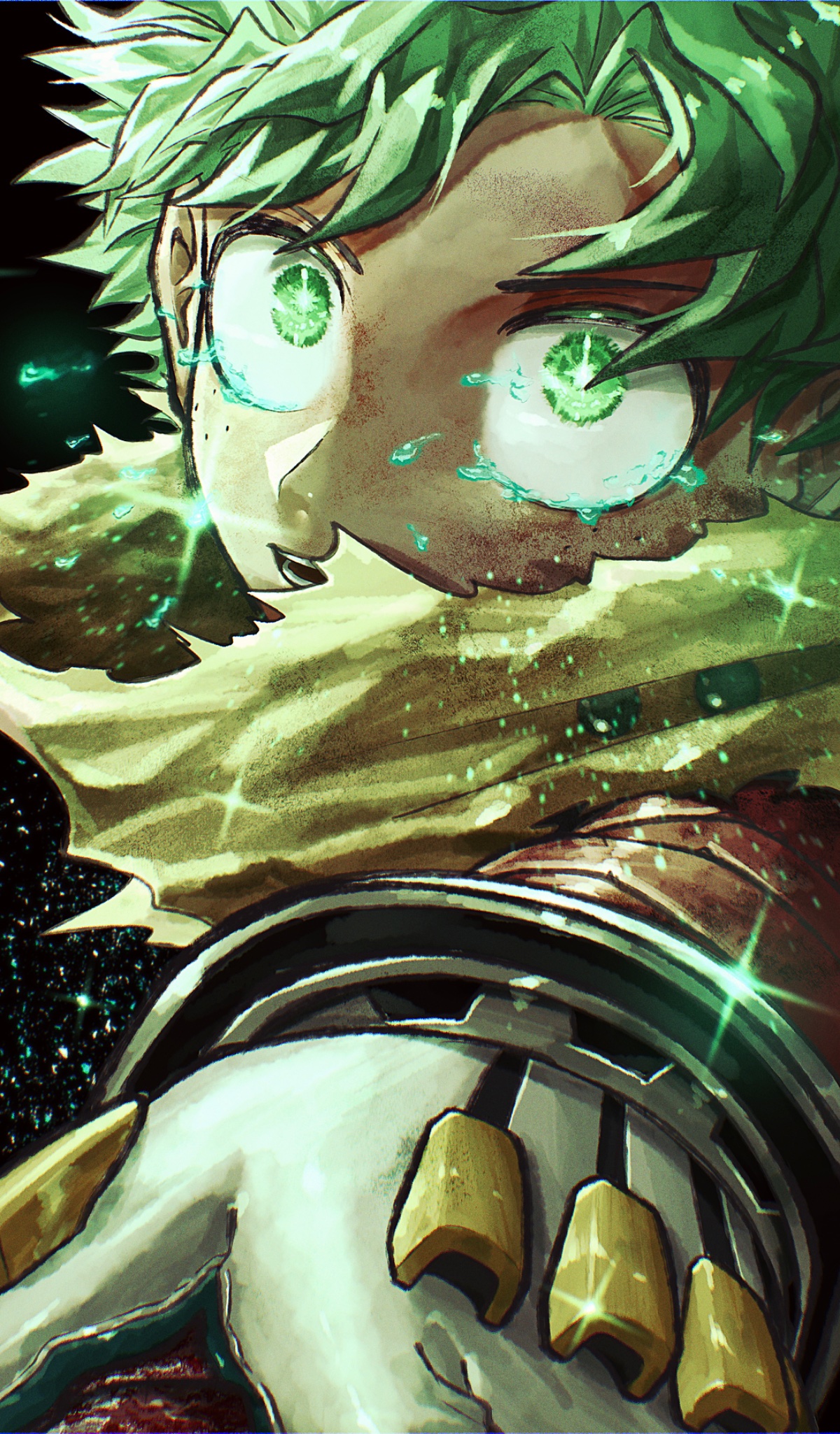 nanash 0, midoriya izuku, boku no hero academia, highres, 1boy, gauntlets, green eyes, green hair, looking at viewer, male focus, scarf, solo, spiked hair, upper body, yellow scarf