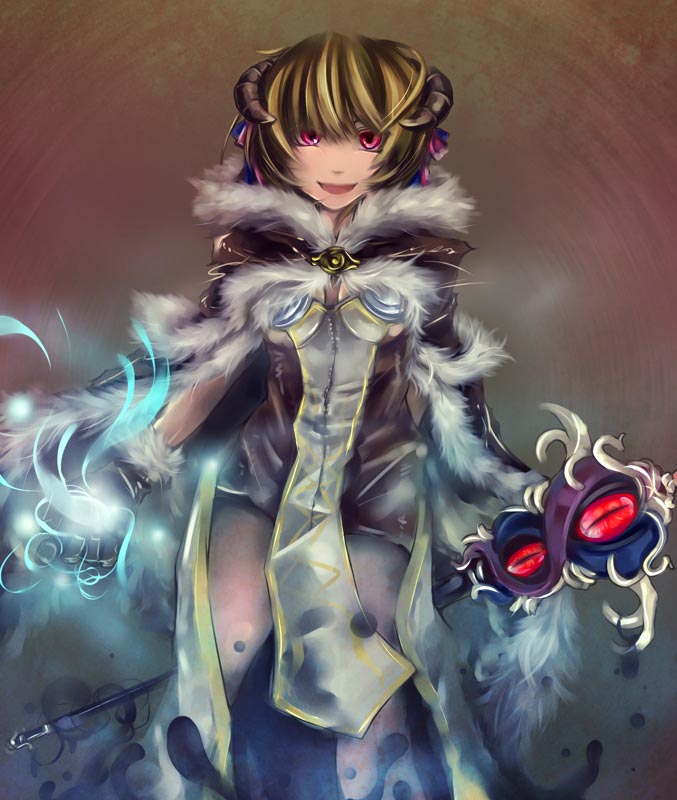 serizawa mutsuki, high wizard (ragnarok online), ragnarok online, commentary request, 1girl, blonde hair, breasts, brown background, brown cape, brown dress, brown gloves, brown horns, cape, cowboy shot, dress, fur-trimmed cape, fur-trimmed gloves, fur trim, gloves, grey dress, holding, holding staff, horns, layered dress, living weapon, looking at viewer, medium breasts, open mouth, red eyes, short dress, short hair, smile, solo, staff