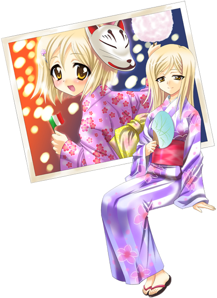 uonuma yuu, takano miyo, tanashi miyoko, higurashi no naku koro ni, 00s, 1girl, aged down, blonde hair, brown eyes, child, cotton candy, flag, food, fox mask, hand fan, holding, holding cotton candy, holding food, italy, japanese clothes, kimono, long hair, mask, paper fan, photo (object), sandals, uchiwa, yukata
