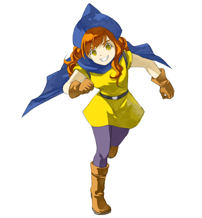 tanakamaru, tanakamaru (pixiv3342089), alena (dq4), chunsoft, dragon quest, dragon quest iv, enix, bad id, bad pixiv id, 1girl, boots, cape, dress, female focus, gloves, hat, knee boots, long hair, orange hair, pantyhose, skirt, solo, yellow skirt