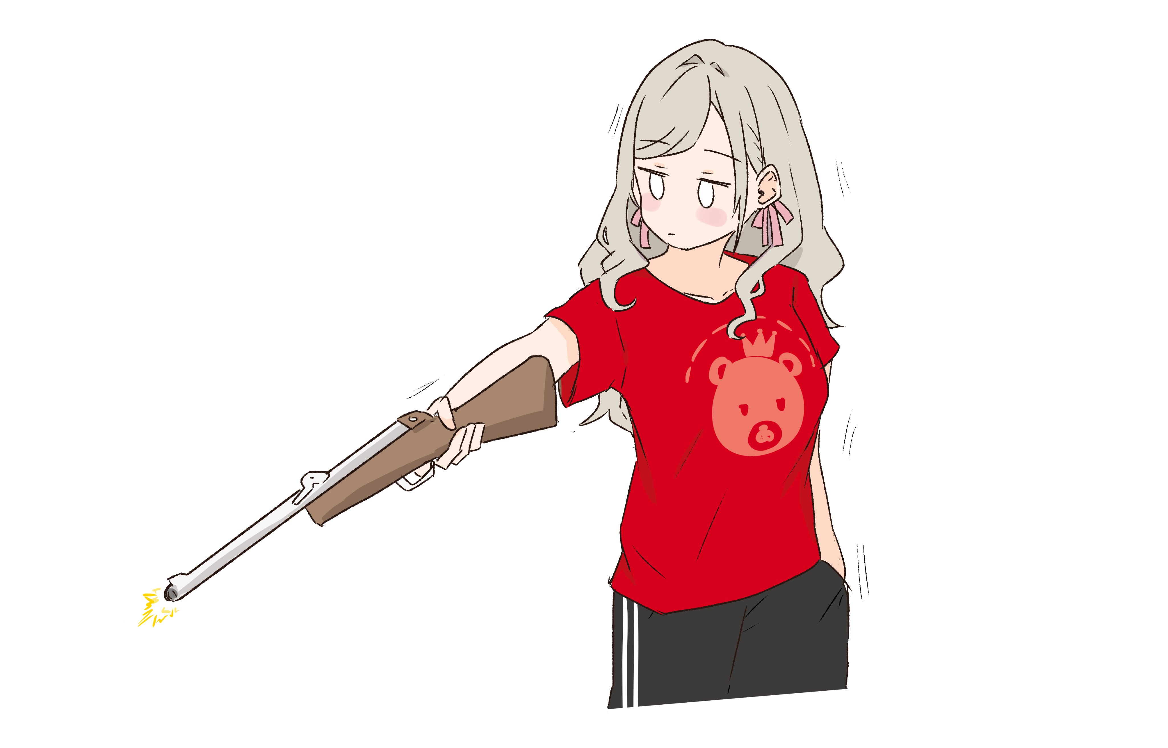 kanzaki gou, ceras yanagida lilienfeld, link! like! love live!, love live!, seeno de! hasu no sora!, absurdres, highres, 1girl, black pants, blank eyes, character logo, cork gun, grey hair, gun, hair ribbon, hand in pocket, holding, holding gun, holding weapon, long hair, meme, miyake miu, pants, red shirt, ribbon, shirt, solo, weapon, white background, yusuf dikec (meme)