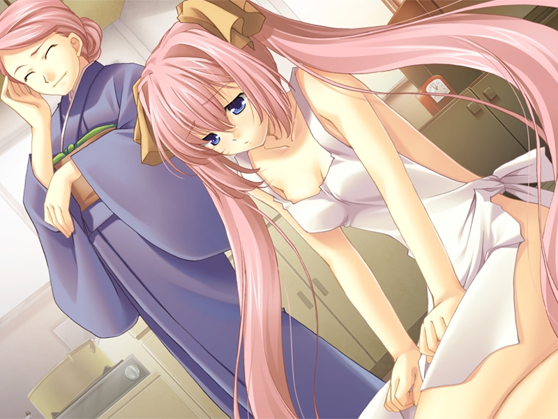 little (izumi little), karla (fantasical), fantasical, game cg, non-web source, 2girls, apron, blue eyes, dutch angle, japanese clothes, kimono, kneeling, long hair, multiple girls, naked apron, pink hair, twintails