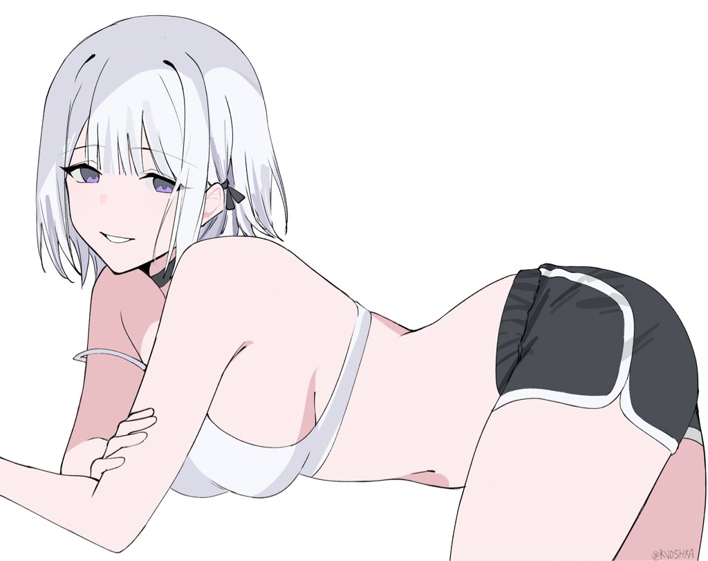 natta, rpk-16 (girls' frontline), girls' frontline, commentary, 1girl, artist name, black shorts, breasts, dolphin shorts, looking at viewer, purple eyes, short hair, shorts, simple background, smile, solo, twitter username, white background, white hair, white mouth