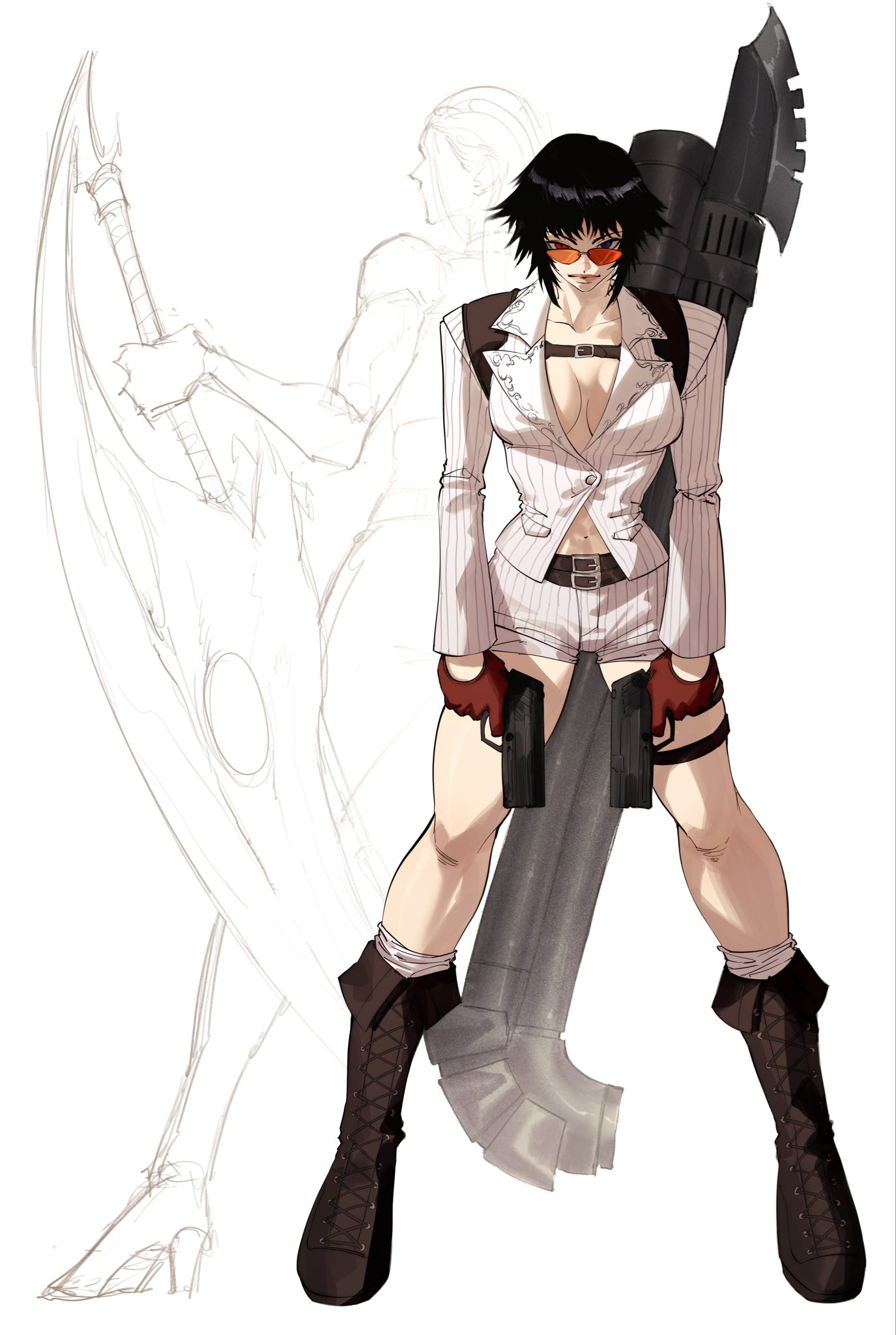 omegaa 7, lady (devil may cry), trish (devil may cry), devil may cry, devil may cry (series), devil may cry 4, highres, black hair, blue eyes, boots, breasts, brown boots, dual wielding, full body, heterochromia, holding, jacket, no bra, red-tinted eyewear, red eyes, short hair, short shorts, shorts, standing, sword, tinted eyewear, weapon, white jacket
