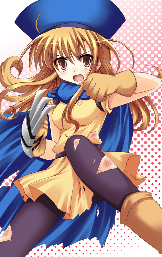 akane souichi, alena (dq4), chunsoft, dragon quest, dragon quest iv, enix, bad id, bad pixiv id, 1girl, bruise, cape, claws, dress, female focus, injury, orange hair, pantyhose, skirt, solo, torn clothes, torn pantyhose, yellow skirt