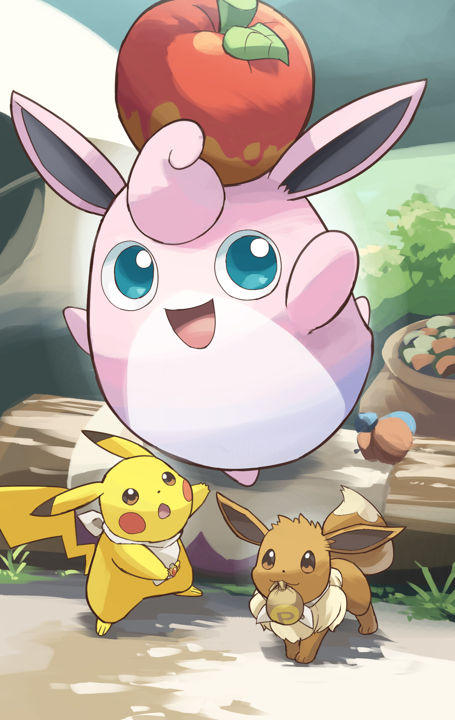 yamaori (hakkentai pokedan), eevee, pikachu, wigglytuff, nintendo, pokemon, highres, berry (pokemon), blue eyes, brown eyes, brown fur, day, food, fruit, gen 1 pokemon, leaf, leppa berry, no humans, open mouth, outdoors, pink fur, pokemon (creature), two-tone fur, yellow fur