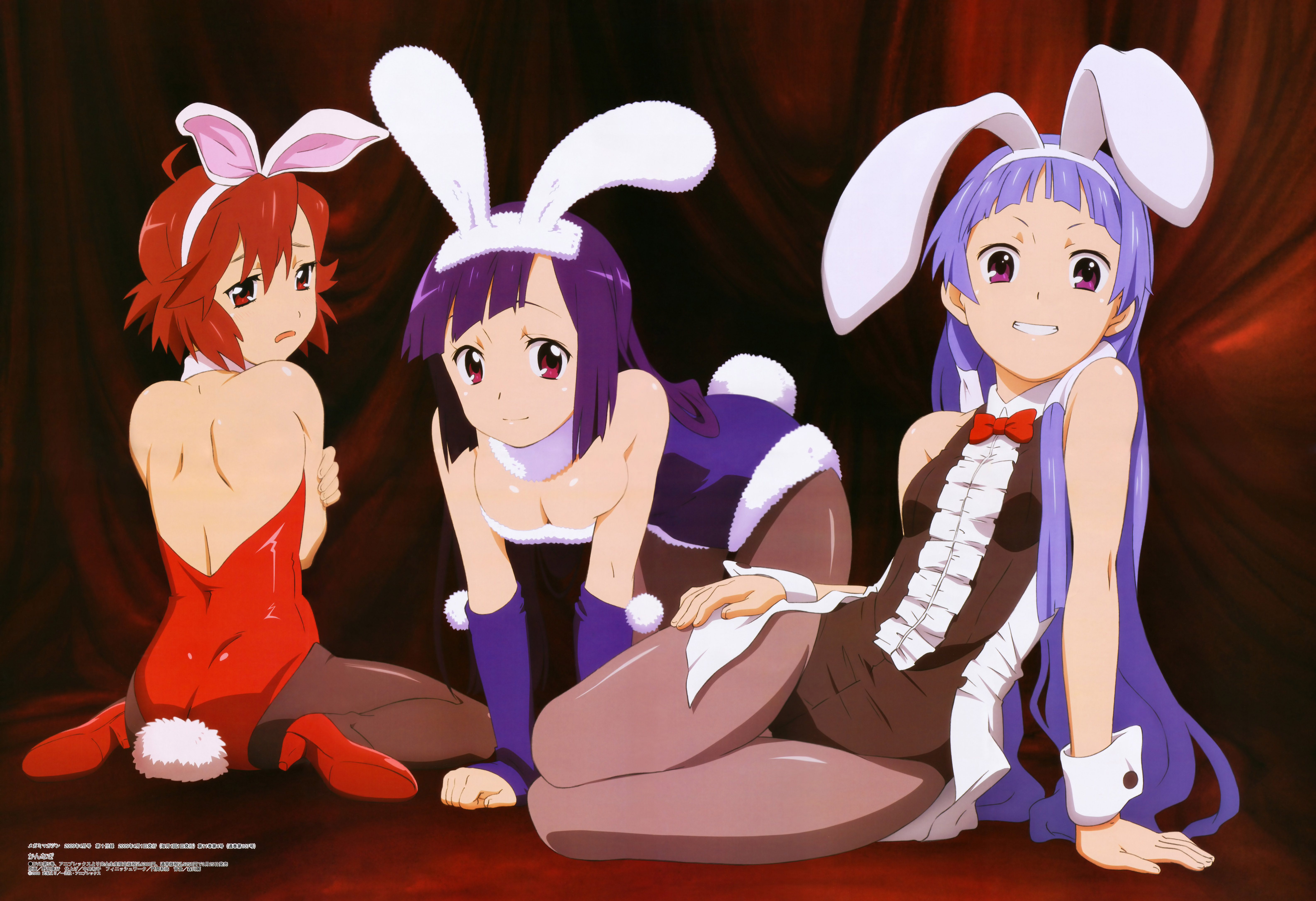 noda yasuyuki, aoba tsugumi, nagi, zange, kannagi, megami magazine, absurdres, highres, non-web source, official art, 00s, 3girls, all fours, animal ears, back, bare back, blue hair, bow, breasts, cleavage, fake animal ears, from behind, grin, hand on own hip, long hair, medium breasts, multiple girls, pantyhose, playboy bunny, purple eyes, purple hair, rabbit ears, rabbit tail, red eyes, red hair, short hair, siblings, sisters, small breasts, smile, tail, very long hair, wrist cuffs