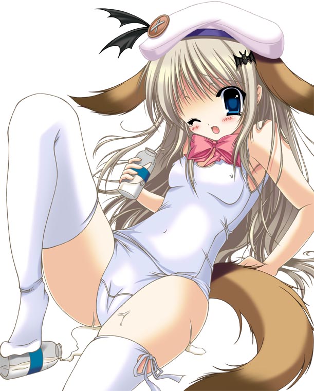 mizuki chika, noumi kudryavka, little busters!, colorized, 1girl, animal ears, blonde hair, blue eyes, bottle, bow, breasts, covered erect nipples, dog ears, dog tail, female focus, hat, long hair, milk, one-piece swimsuit, pink bow, school swimsuit, sexually suggestive, small breasts, solo, spread legs, swimsuit, tail, thighhighs, white one-piece swimsuit, white school swimsuit, white thighhighs