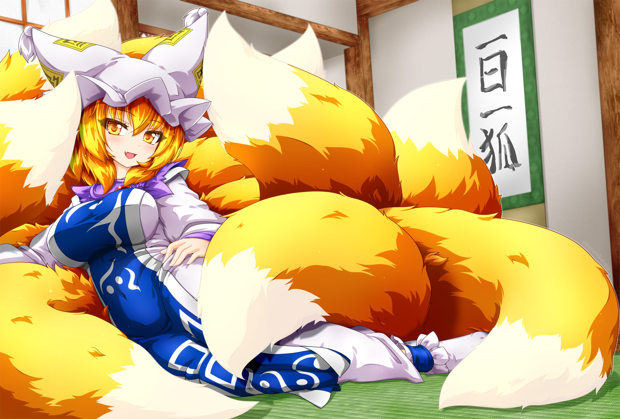 kazami karasu, yakumo ran, touhou, highres, 1girl, arm rest, blonde hair, blue tabard, breasts, fox girl, fox tail, full body, hair between eyes, hand on own hip, hat, indoors, large breasts, large tail, long sleeves, looking at viewer, medium hair, mob cap, multiple tails, open mouth, sitting, smile, solo, tabard, tail, tatami, yellow eyes, yokozuwari